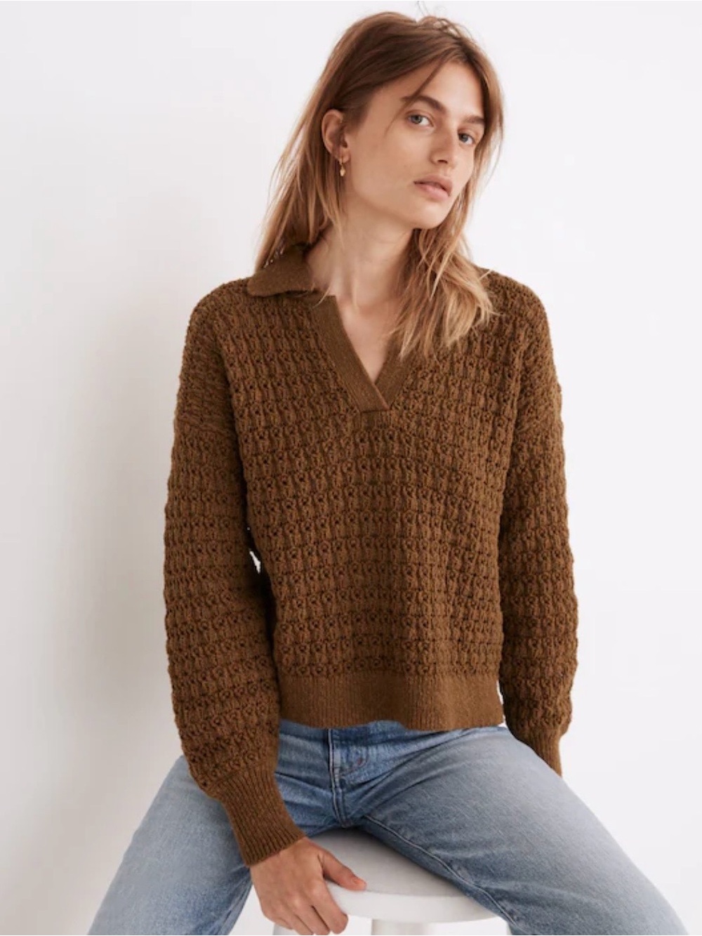 Madewell Sunbury Open-Stitch Polo Olive Green 100% Cotton Size Small Knit Top